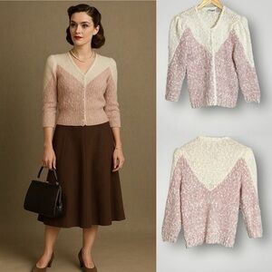 Vintage Donagain Popcorn Sweater Size Large Button Front Chunky Knit Puff Sleeve